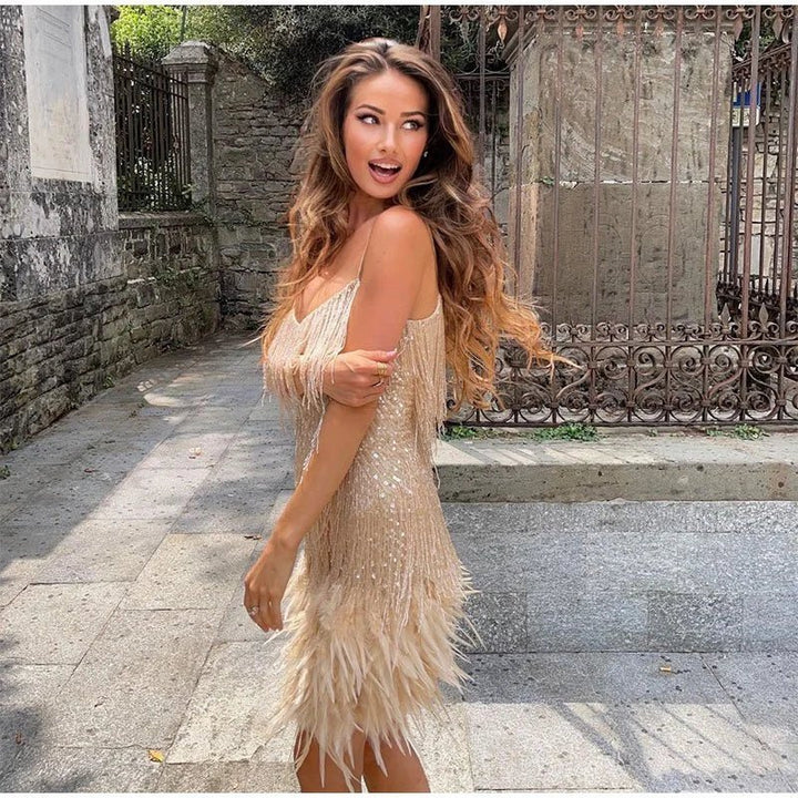 Chloe | Elegant White Fringe Mini Dress With Feather Details