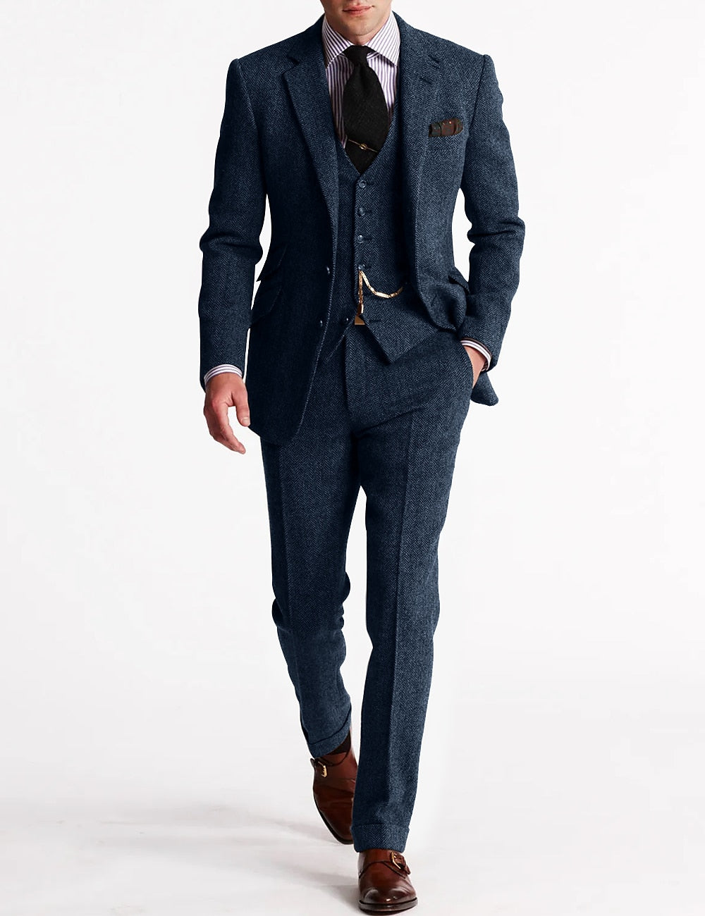 Men's Brown Three Piece Tweed Business Suit With Vest