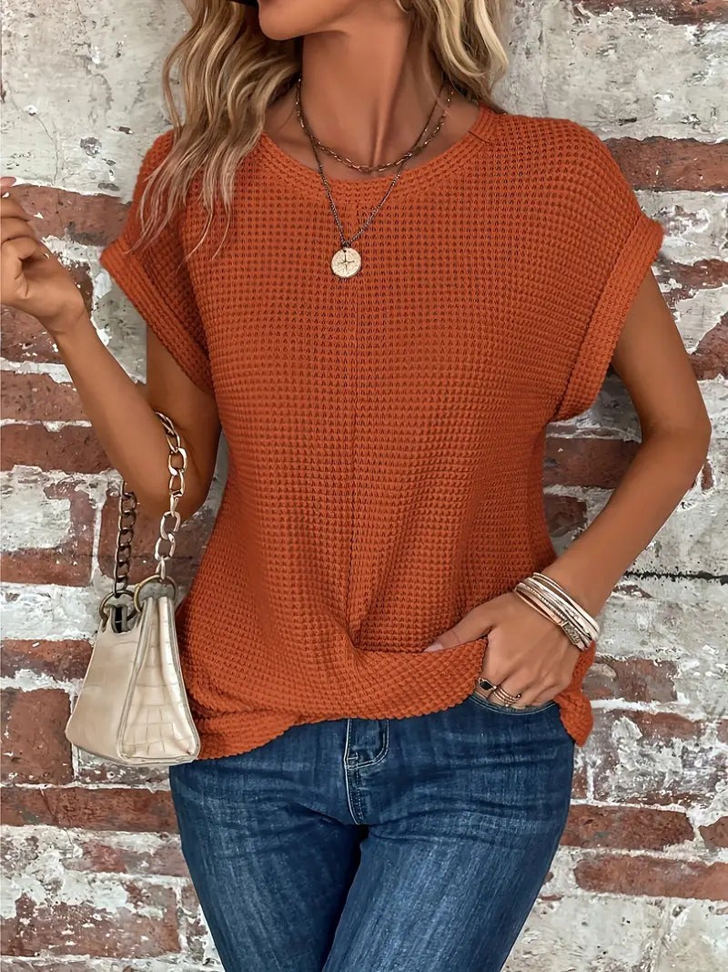 Melissa | Chic Waffle Knit Round Neck Short Sleeve Top