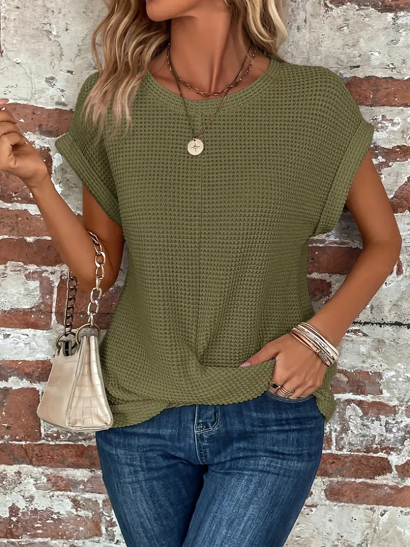 Melissa | Chic Waffle Knit Round Neck Short Sleeve Top
