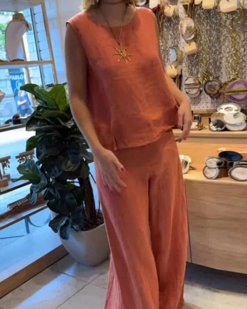 Beatrice | Sleeveless Two-Piece Linen Set Wide Leg Pants