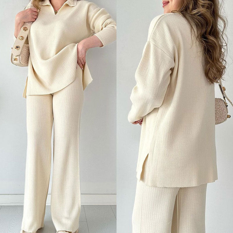 Marsha | Chic Ribbed Knit Two Piece Set With Wide Leg Pants