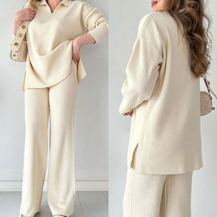 Marsha | Chic Ribbed Knit Two Piece Set With Wide Leg Pants