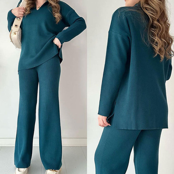 Zoe | Chic Ribbed Knit Loungewear Set With Wide Leg Pants