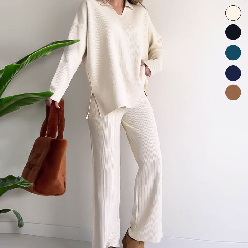 Zoe | Chic Ribbed Knit Loungewear Set With Wide Leg Pants