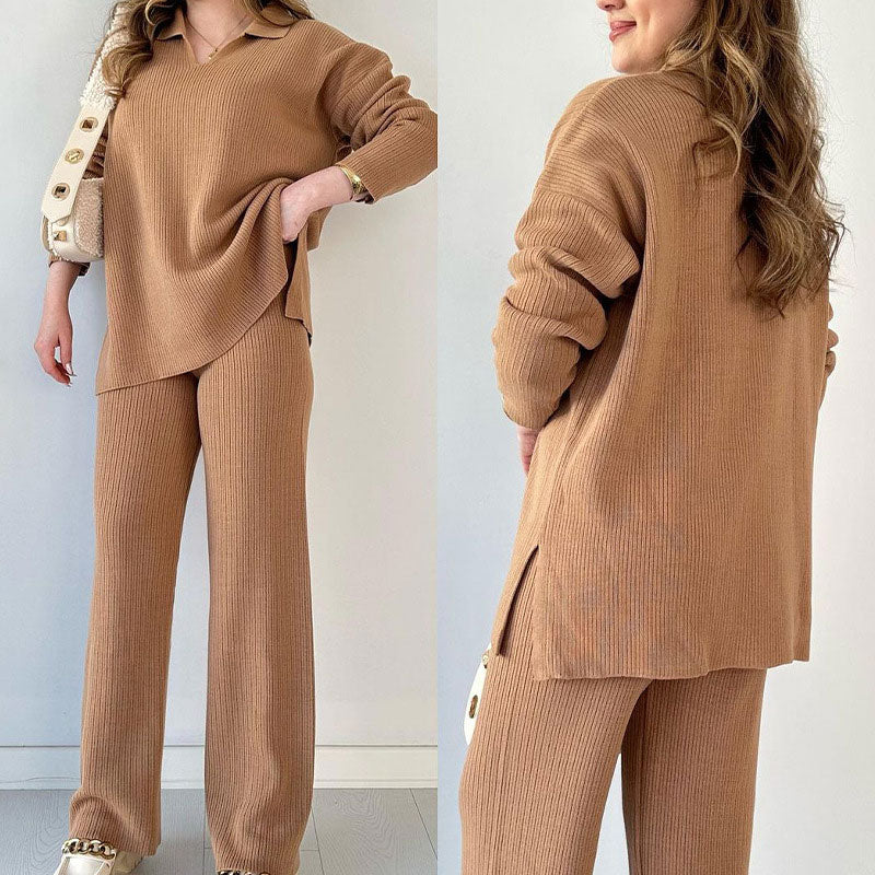 Marsha | Chic Ribbed Knit Two Piece Set With Wide Leg Pants