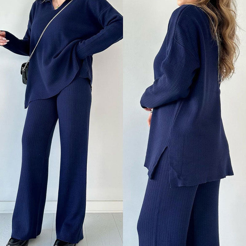 Zoe | Chic Ribbed Knit Loungewear Set With Wide Leg Pants