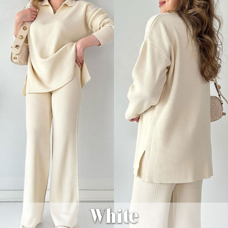 Zoe | Chic Ribbed Knit Loungewear Set With Wide Leg Pants