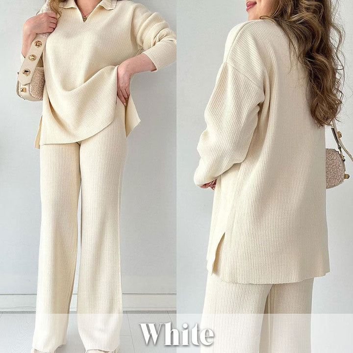Marsha | Chic Ribbed Knit Two Piece Set With Wide Leg Pants