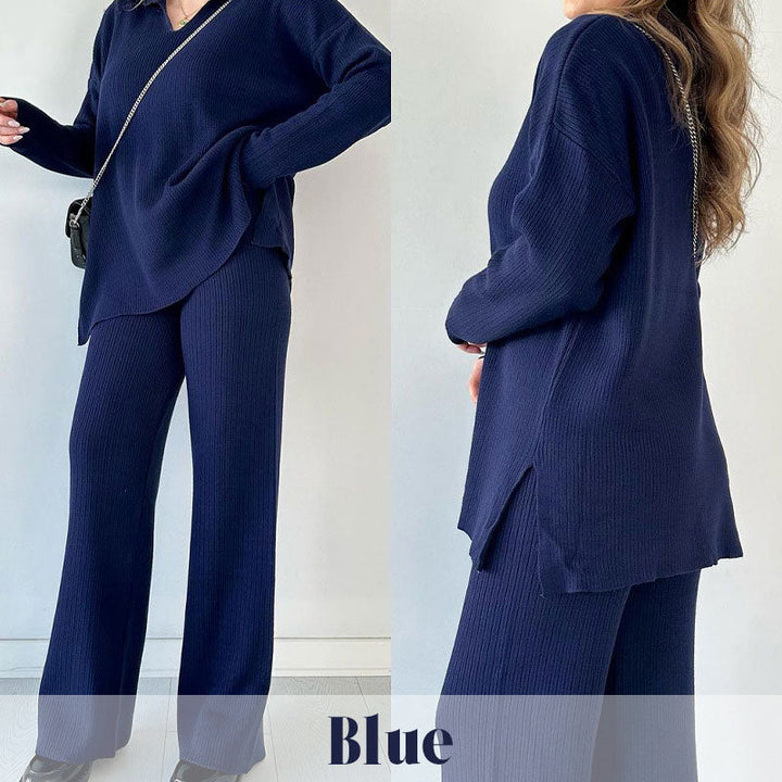 Zoe | Chic Ribbed Knit Loungewear Set With Wide Leg Pants