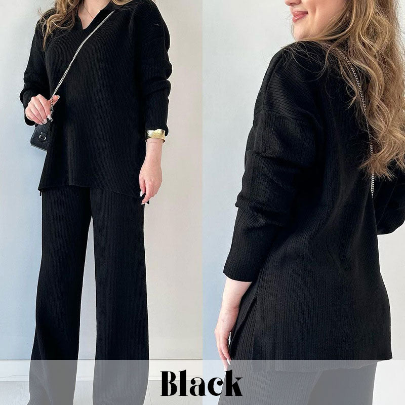 Zoe | Chic Ribbed Knit Loungewear Set With Wide Leg Pants