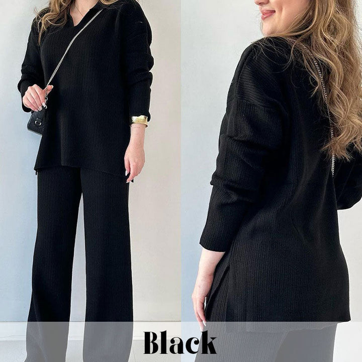 Marsha | Chic Ribbed Knit Two Piece Set With Wide Leg Pants