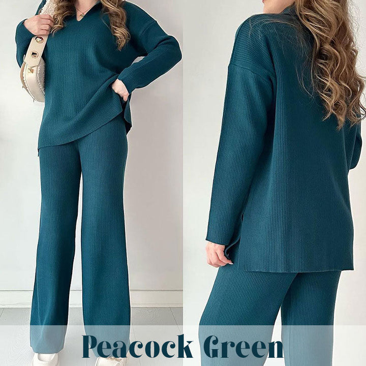 Zoe | Chic Ribbed Knit Loungewear Set With Wide Leg Pants