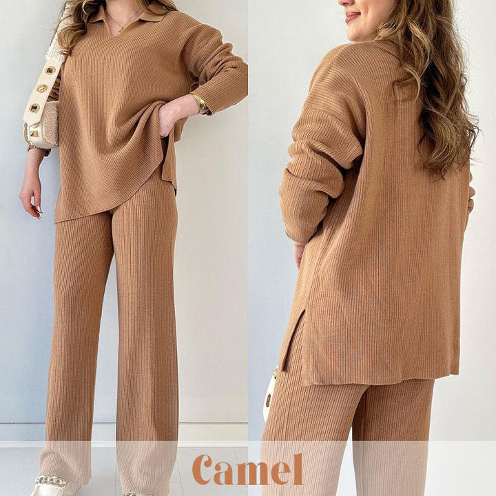 Zoe | Chic Ribbed Knit Loungewear Set With Wide Leg Pants