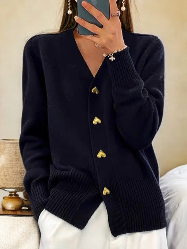 Ava | Elegant V-Neck Knit Cardigan With Gold Heart Buttons