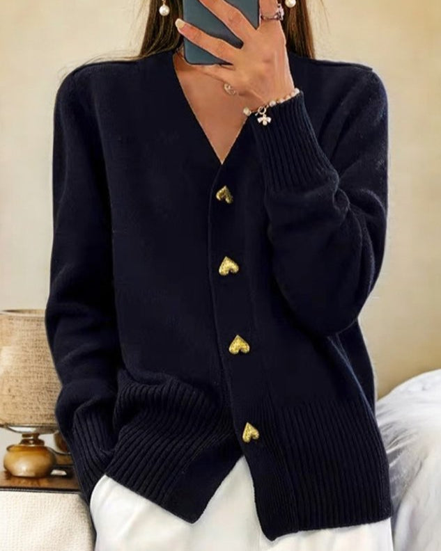Sybil | Elegant V-Neck Heart Button Cardigan