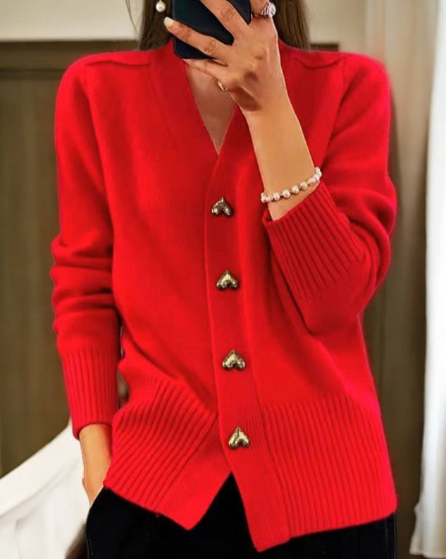 Sybil | Elegant V-Neck Heart Button Cardigan