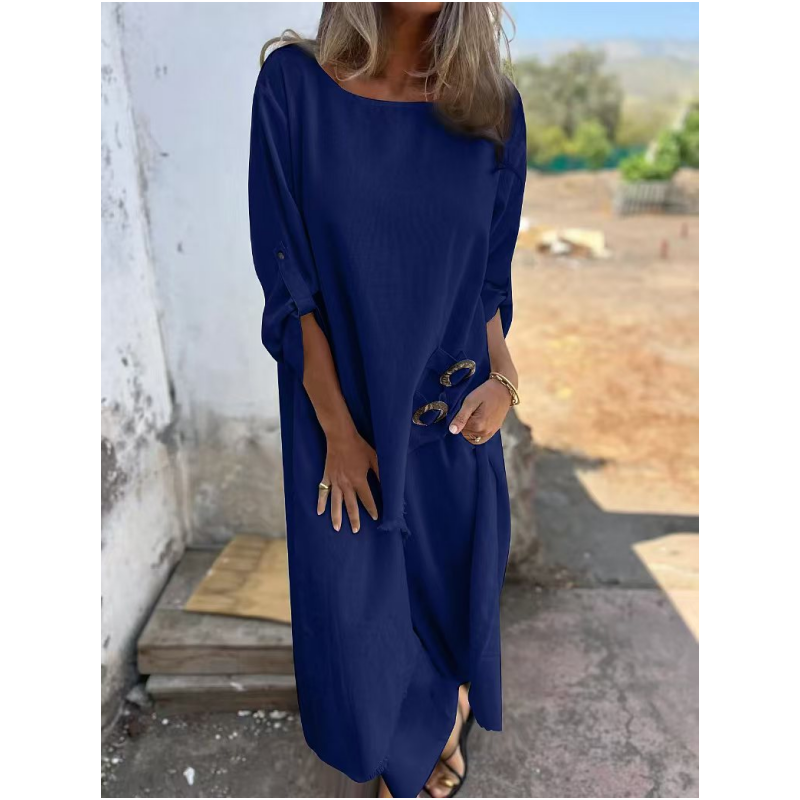 Marlowe | Elegant Navy Cotton Linen Maxi Dress With Three Quarter Sleeves