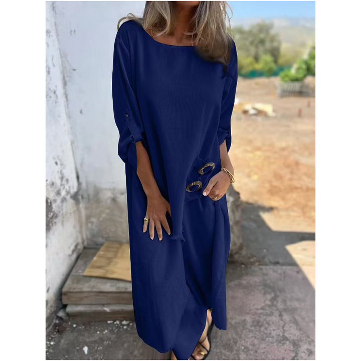 Marlowe | Elegant Navy Cotton Linen Maxi Dress With Three Quarter Sleeves