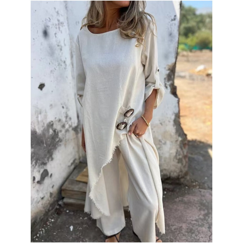 Marlowe | Elegant Navy Cotton Linen Maxi Dress With Three Quarter Sleeves