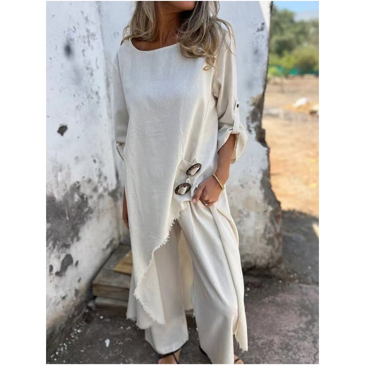 Marlowe | Elegant Navy Cotton Linen Maxi Dress With Three Quarter Sleeves