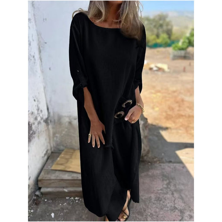 Marlowe | Elegant Navy Cotton Linen Maxi Dress With Three Quarter Sleeves
