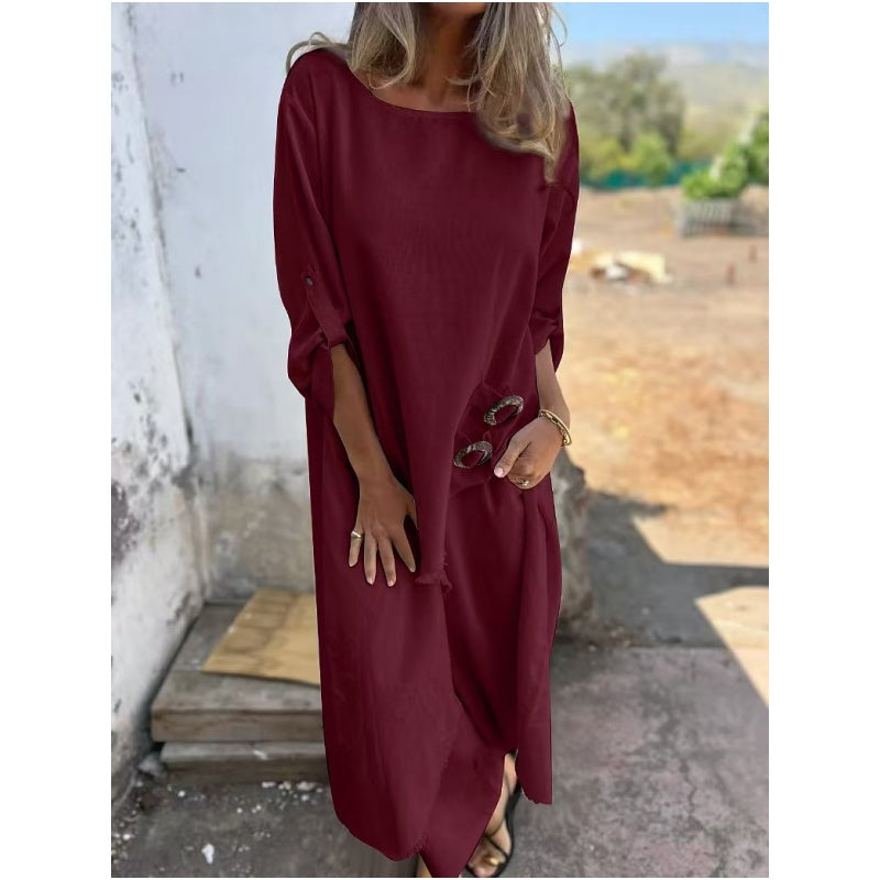 Marlowe | Elegant Navy Cotton Linen Maxi Dress With Three Quarter Sleeves