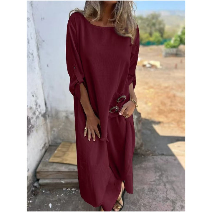 Marlowe | Elegant Navy Cotton Linen Maxi Dress With Three Quarter Sleeves