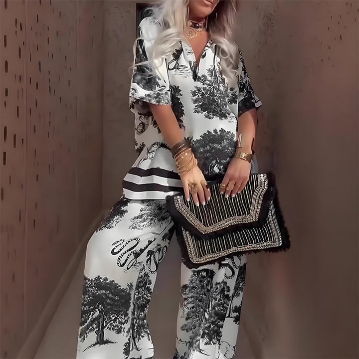 Ophelia | Elegant Floral V-Neck Two Piece Set With Wide Leg Pants