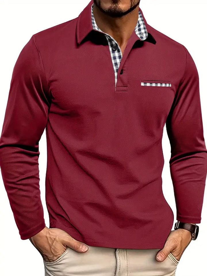 Stefan | Elegant Long Sleeve Burgundy Polo Shirt Men