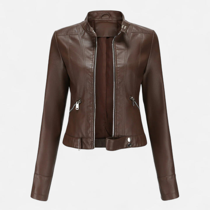 Isabella | Chic Cropped Brown Leather Biker Jacket With Belt Detail