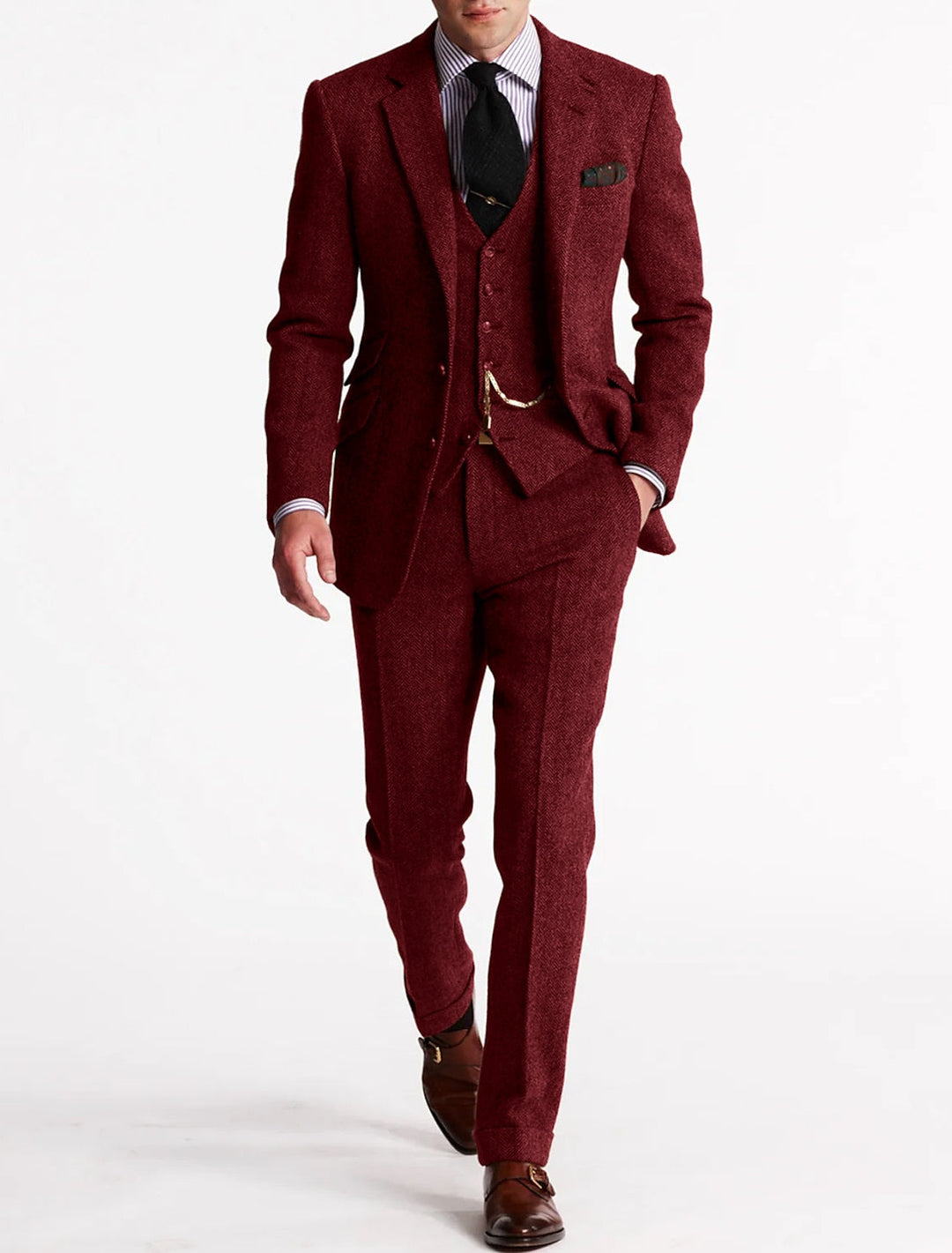 Beatrice | Elegant Men's Brown Three Piece Herringbone Suit With Vest