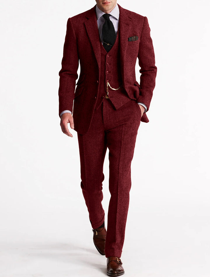 Beatrice | Elegant Men's Brown Three Piece Herringbone Suit With Vest