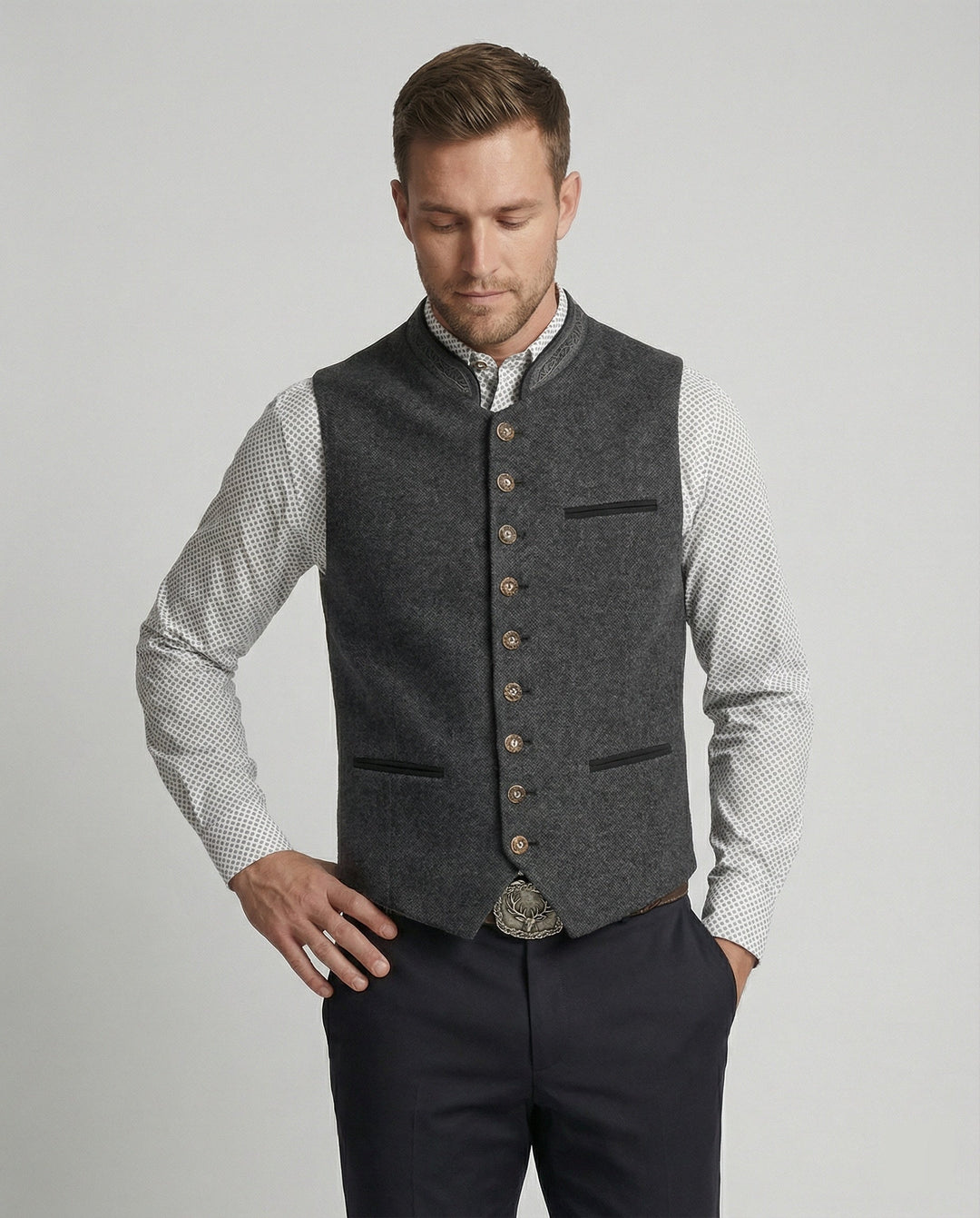 Joaquin | Traditional Gray Stand Collar Button-Up Vest