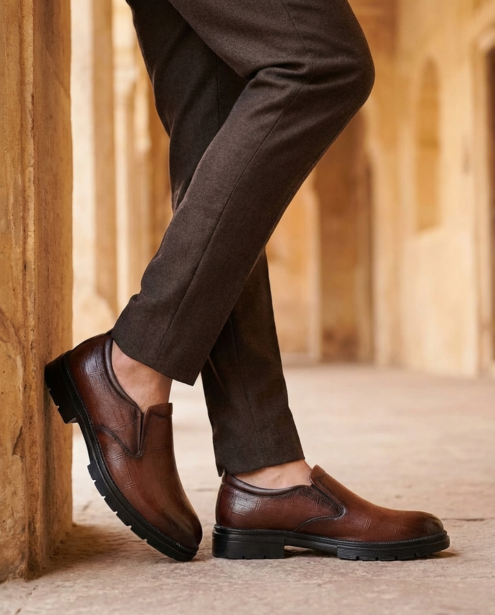Serena | Elegant Brown Textured Leather Slip-On Loafers