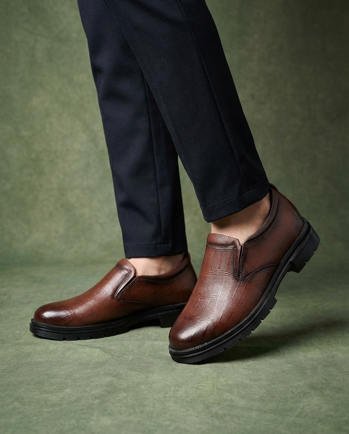 Serena | Elegant Brown Textured Leather Slip-On Loafers