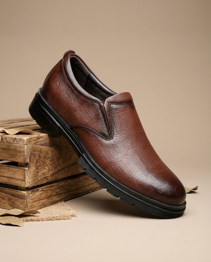 Serena | Elegant Brown Textured Leather Slip-On Loafers
