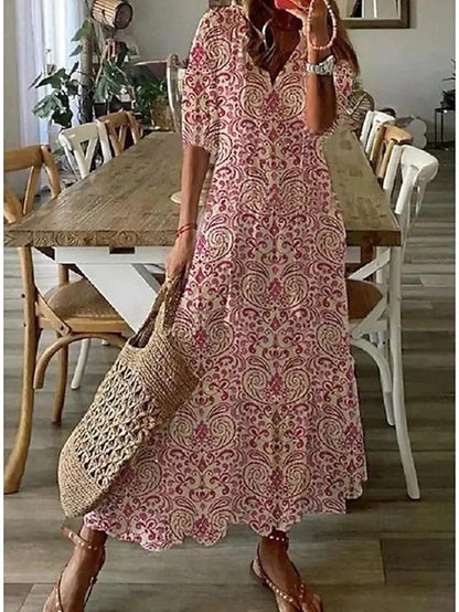 Millie | Boho V-Neck Maxi Dress With Diamond Print
