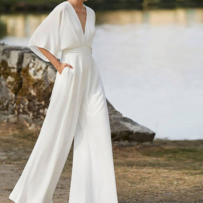 Elyse | Elegant V-Neck Wide Leg Jumpsuit With Flutter Sleeves