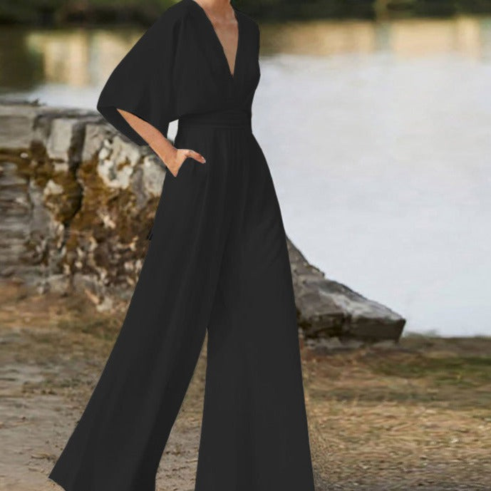 Elyse | Elegant V-Neck Wide Leg Jumpsuit With Flutter Sleeves