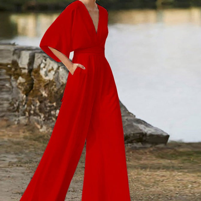 Elyse | Elegant V-Neck Wide Leg Jumpsuit With Flutter Sleeves