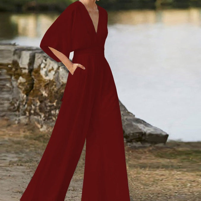 Elyse | Elegant V-Neck Wide Leg Jumpsuit With Flutter Sleeves