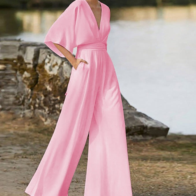 Elyse | Elegant V-Neck Wide Leg Jumpsuit With Flutter Sleeves