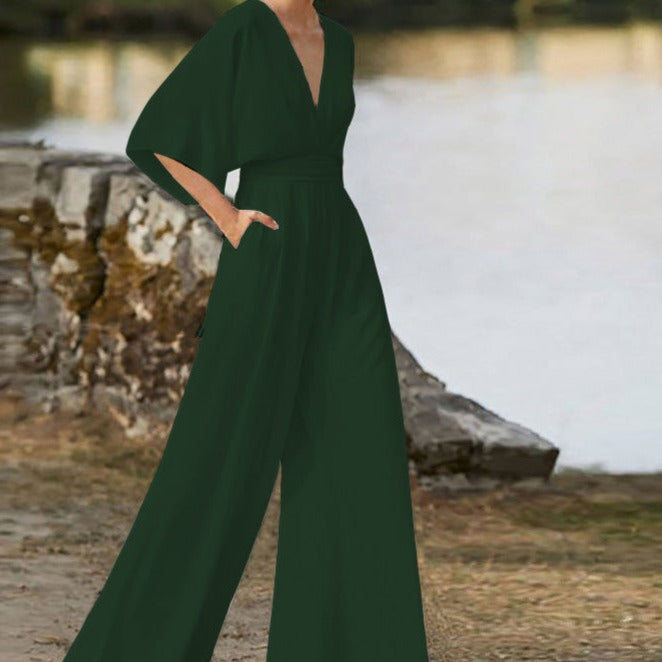 Elyse | Elegant V-Neck Wide Leg Jumpsuit With Flutter Sleeves