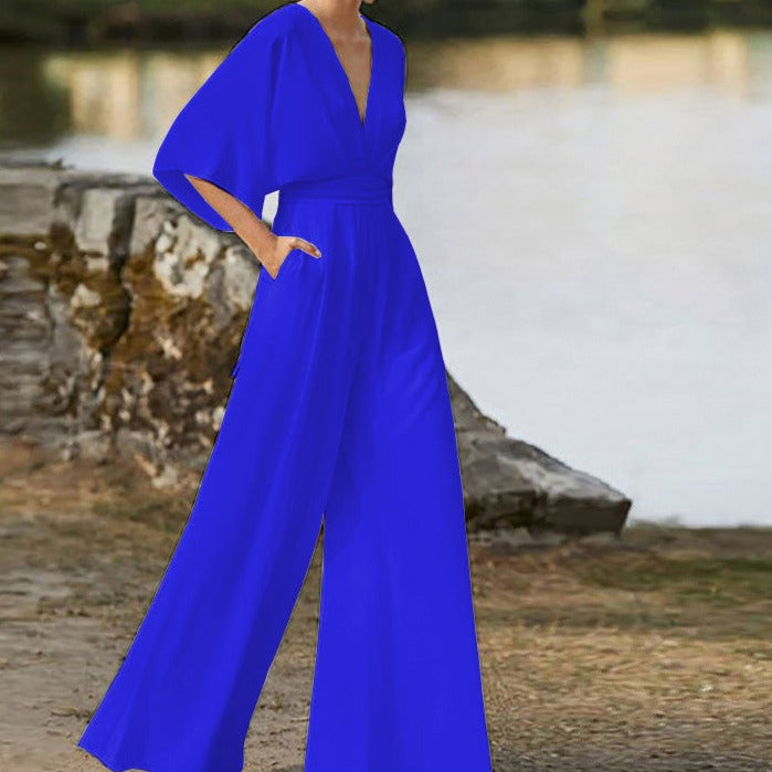 Elyse | Elegant V-Neck Wide Leg Jumpsuit With Flutter Sleeves