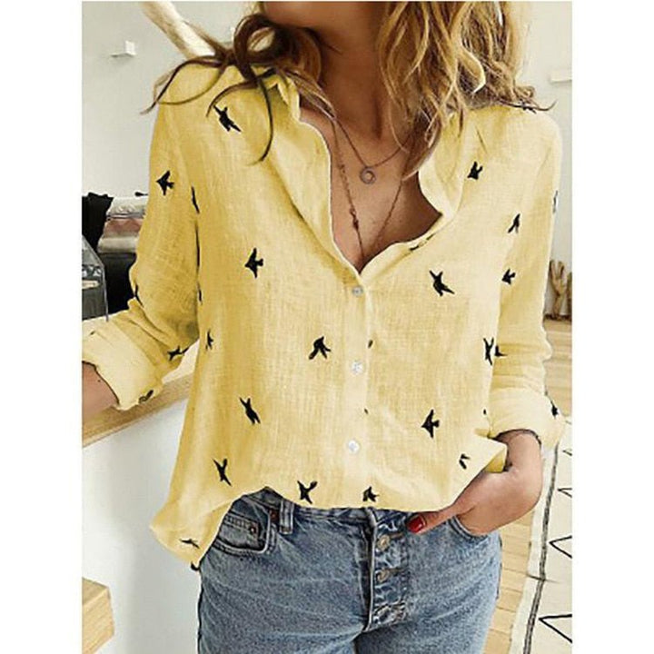 Lexi | Stylish Pink Linen Button-Up Blouse With Star Print