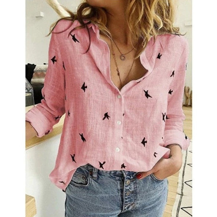 Lexi | Stylish Pink Linen Button-Up Blouse With Star Print
