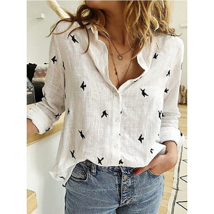Lexi | Stylish Pink Linen Button-Up Blouse With Star Print