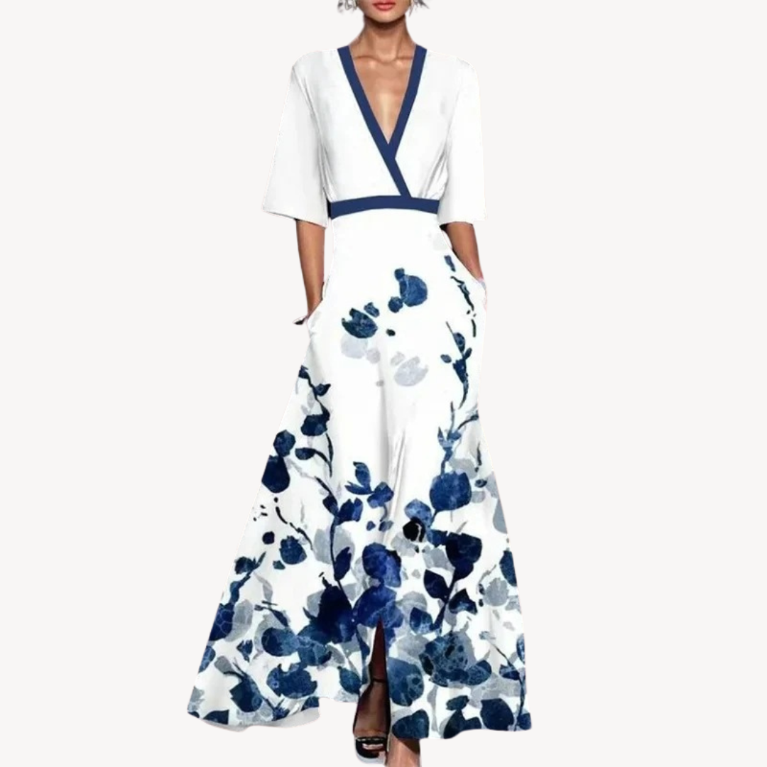 Margot | Elegant V-Neck Wrap Maxi Dress With Contrast Trim