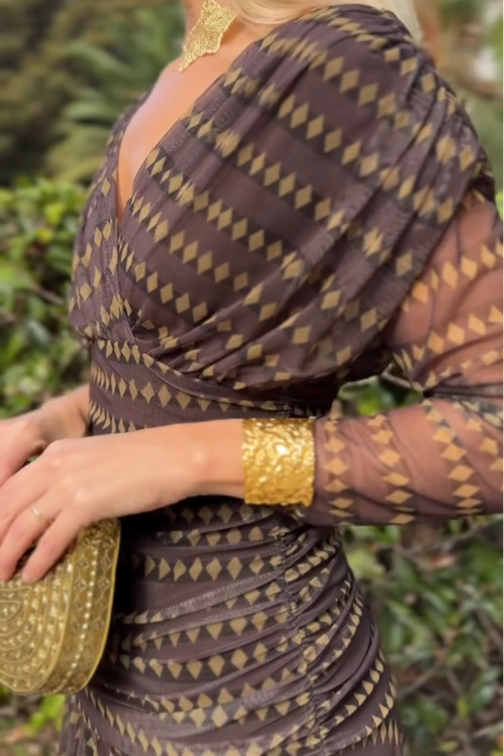 Belinda | Boho V-Neck Patterned Mesh Maxi Dress